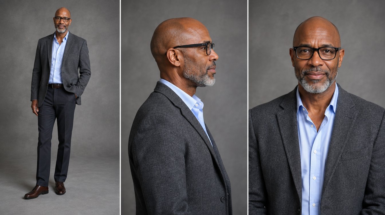 Three views of Marcus Reid, an AI presenter: full length, in profile, and a portrait