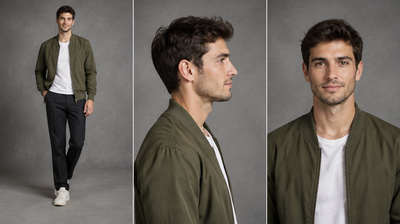 Three views of Theo Marsh, an AI presenter: full length, in profile, and a portrait